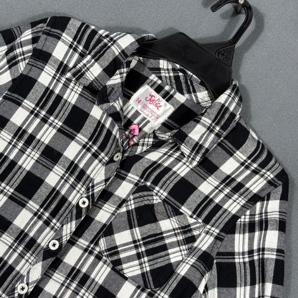 Justice Button Down Girls 14 Black White Plaid Pink Embroidered Flannel Shirt